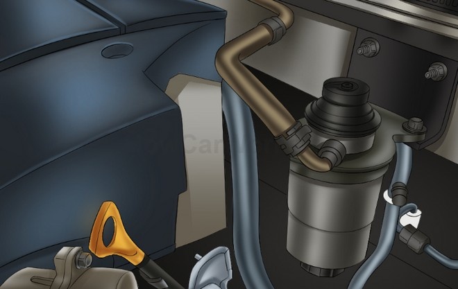 Пример расположения топливного фильтра в моторном отсеке автомобиля